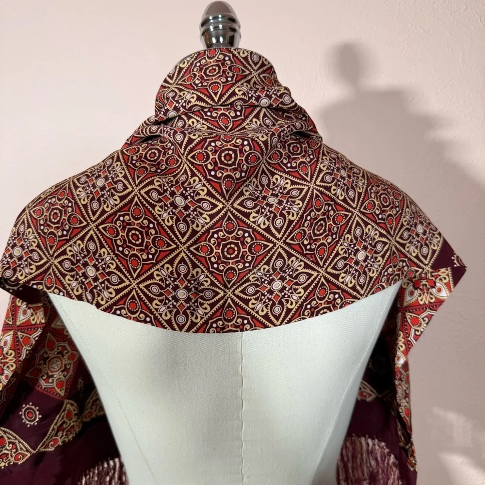 Vintage 1970’s Burgundy art deco Geometric Patterned Fringed Cravat Scarf